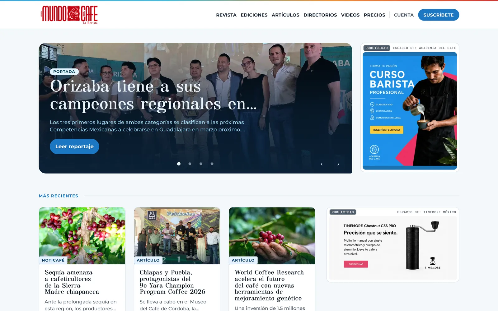 Portada del nuevo sitio de El Mundo del Café en escritorio, con el reportaje principal y las notas más recientes.