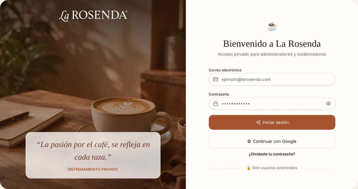 Pantalla de acceso a la plataforma privada de entrenamiento de La Rosenda.