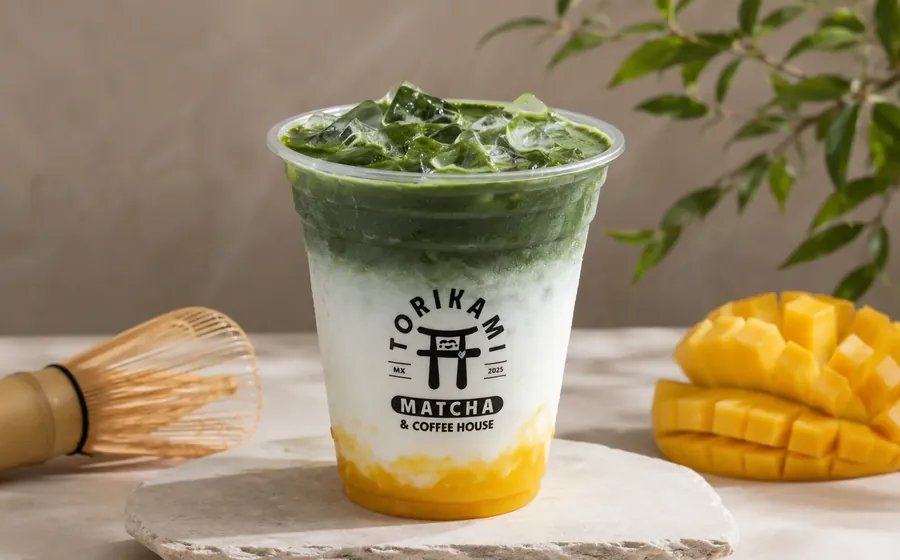Matcha helado en capas sobre una base de mango, en un vaso de Torikami.