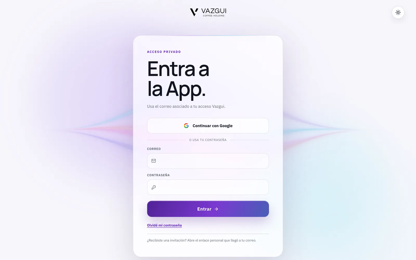 Pantalla de acceso privado de la app de Vazgui en escritorio.