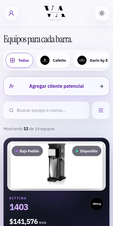Catálogo de la app de Vazgui en un teléfono: filtros por marca y la ficha de un molino Ditting 1403 con su precio.